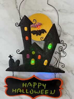 Happy Halloween Haunted Black Metal House W/ Flashing LED Lights